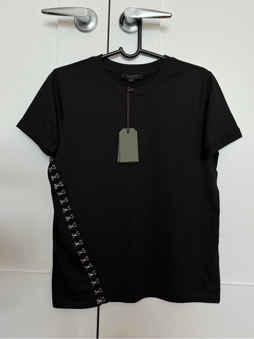 All Saints Black Short-Sleeve Tee with Side Hook Detail
